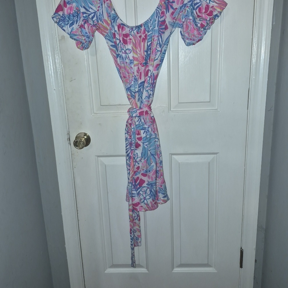Lilly Pulitzer Samia Tropical Print Belted Off Shoulder Skort Romper Size M